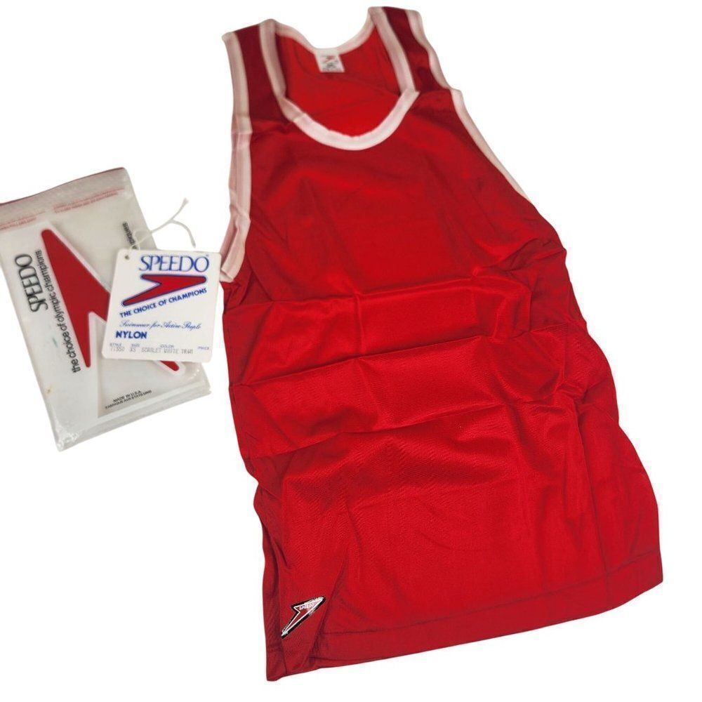 Vintage 80s Speedo Red Nylon Tank Top White Trim Womens XS
